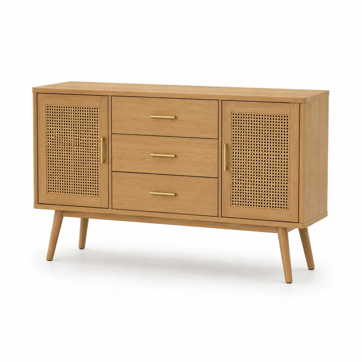 Aparador de madera de roble y ratán con cajones y puertas