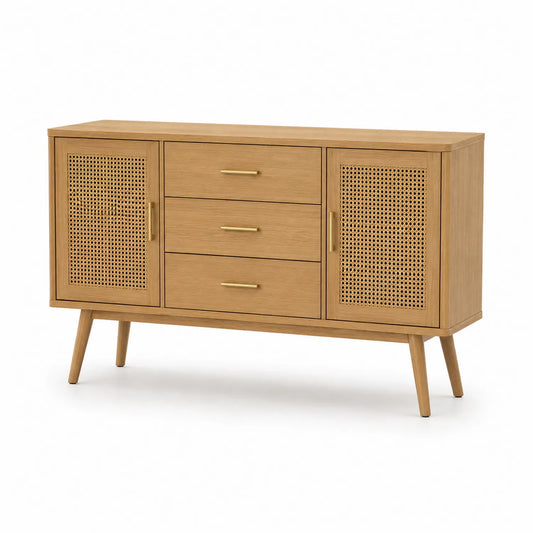 Aparador de madera de roble y ratán con cajones y puertas
