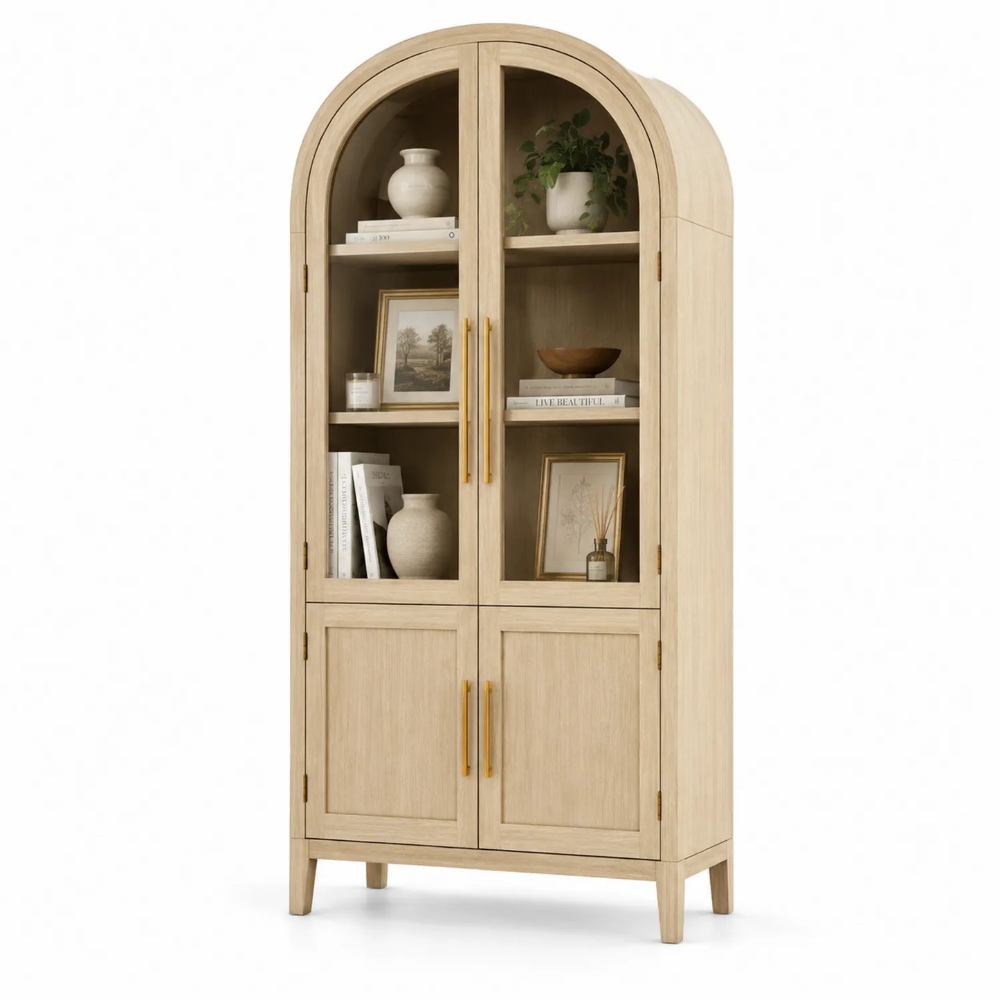 Estantería de madera con puertas de vidrio templado y tiradores metálicos 180cm x 80cm x 40cm