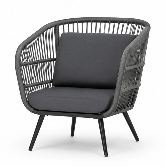 Silla de exterior gris de cuerda sintética y metal