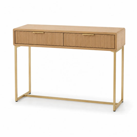 Mesa consola de madera de nogal y metal dorado con cajones 120x40x80 cm