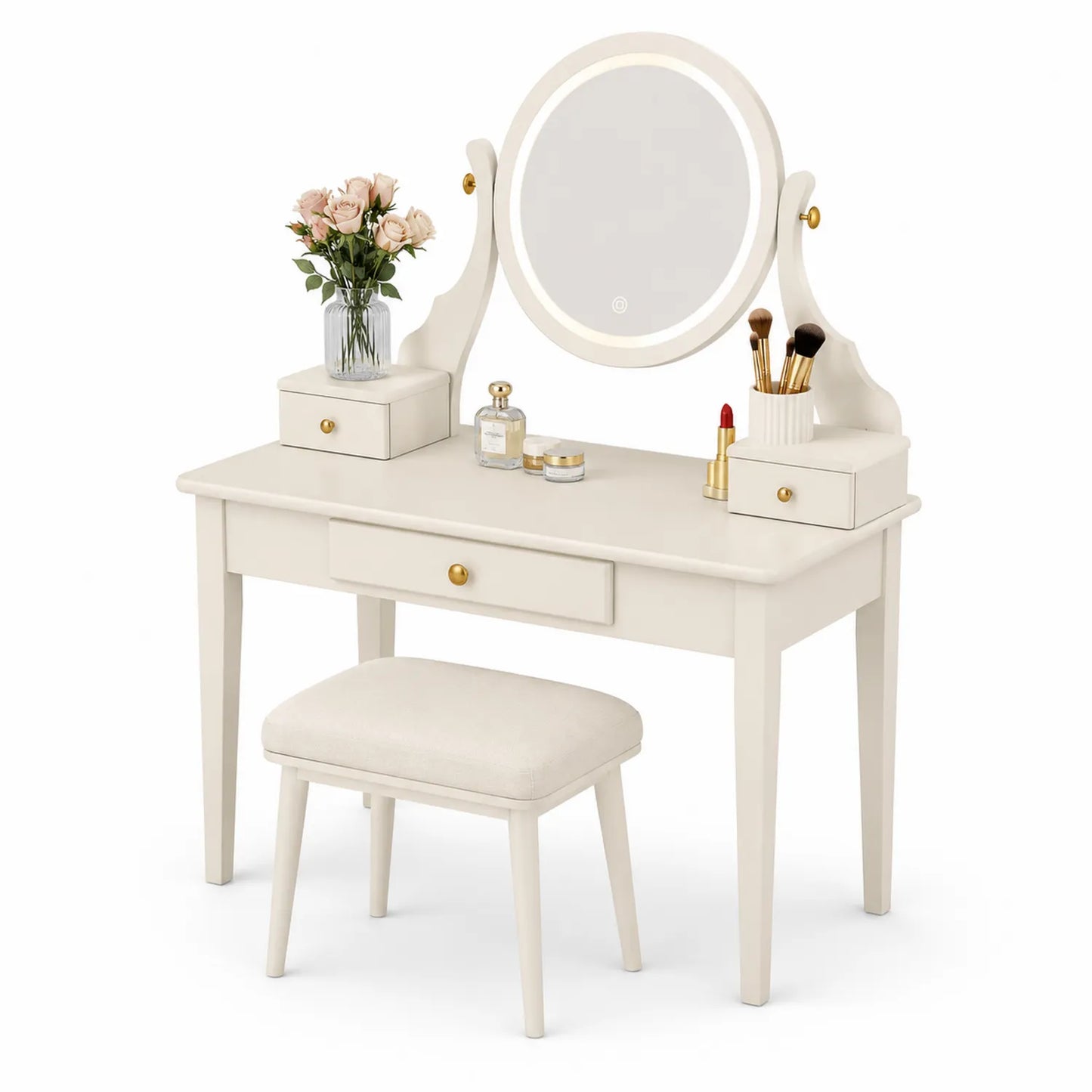 Tocador de Madera con Espejo LED Redondo Crema
