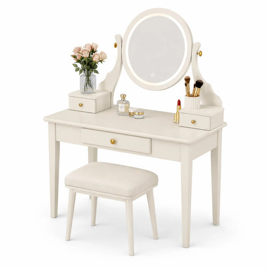 Tocador de Madera con Espejo LED Redondo Crema