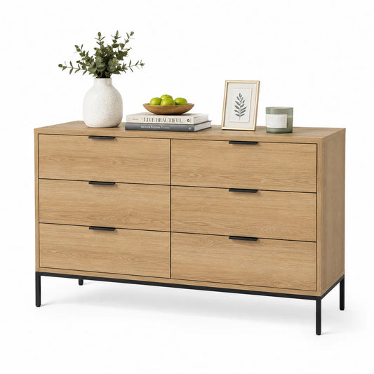 Cajonera de Madera de Roble Claro con 6 Cajones y Base de Metal Negro