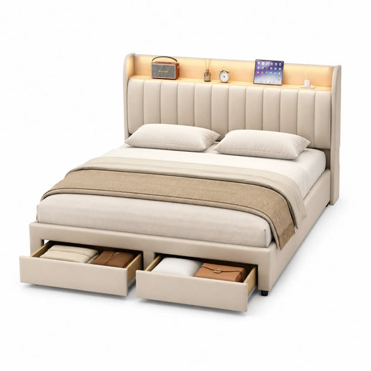 Cama doble con cabecero tapizado beige, almacenaje y luz LED integrada