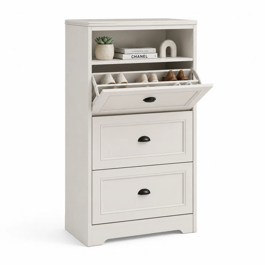 Zapatero de Madera MDF Blanco con Cajones 124x63x24 cm