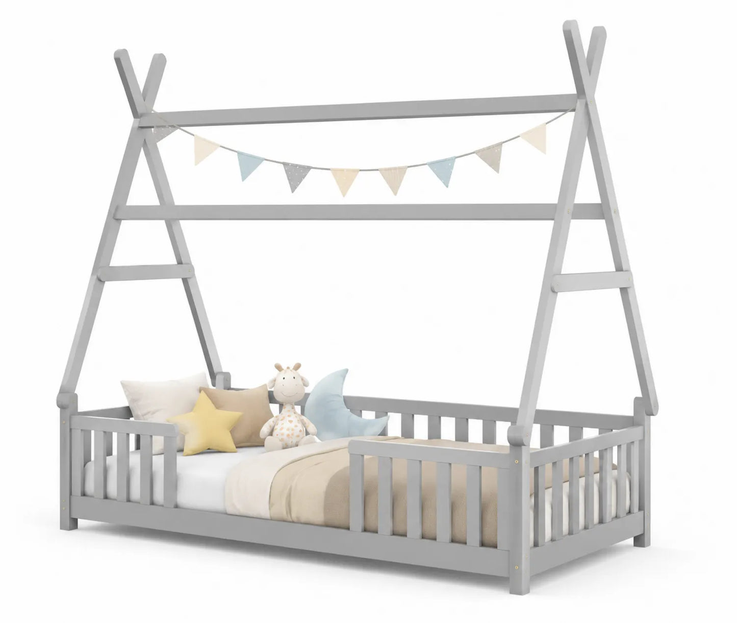 Cama infantil tipi de madera de pino gris 200 cm x 90 cm