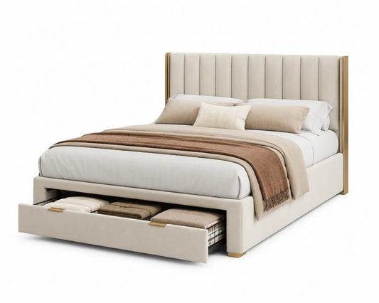 Cama tapizada en poliéster beige con almacenamiento y cabecero de paneles 200x160 cm