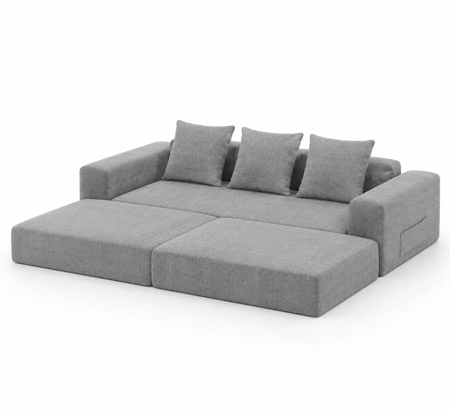 Sofá cama modular de tela gris claro con cojines