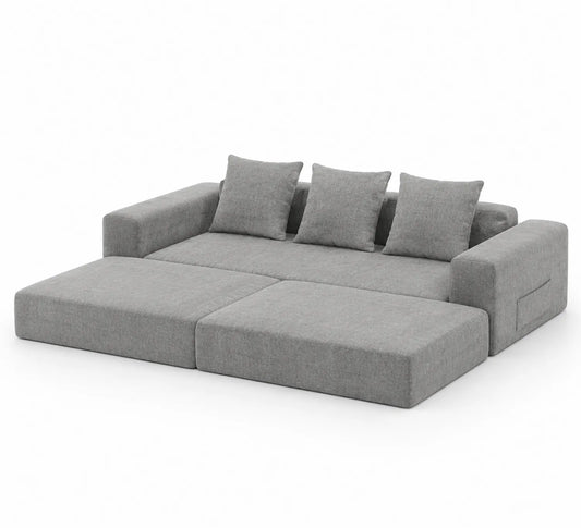 Sofá cama modular de tela gris claro con cojines