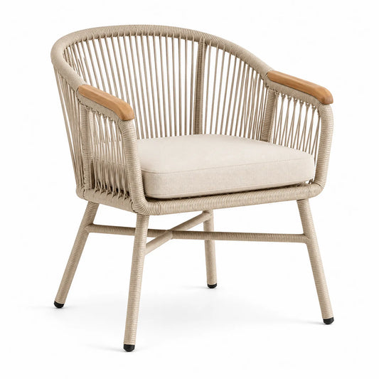Silla de cuerda sintética con reposabrazos de teca Beige