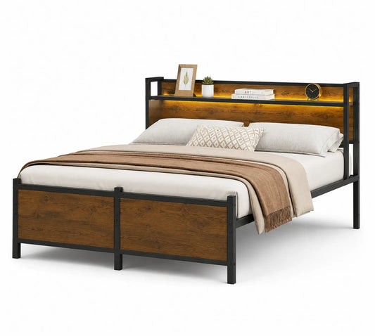 Cama de metal y aglomerado con estante 200x150 cm