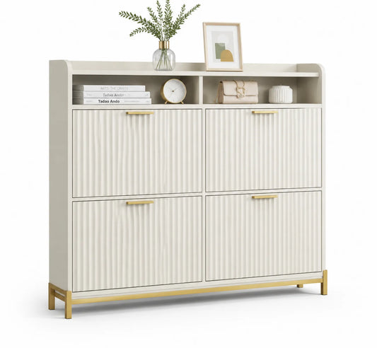 Zapatero de Madera con Base de Acero Blanco y Dorado