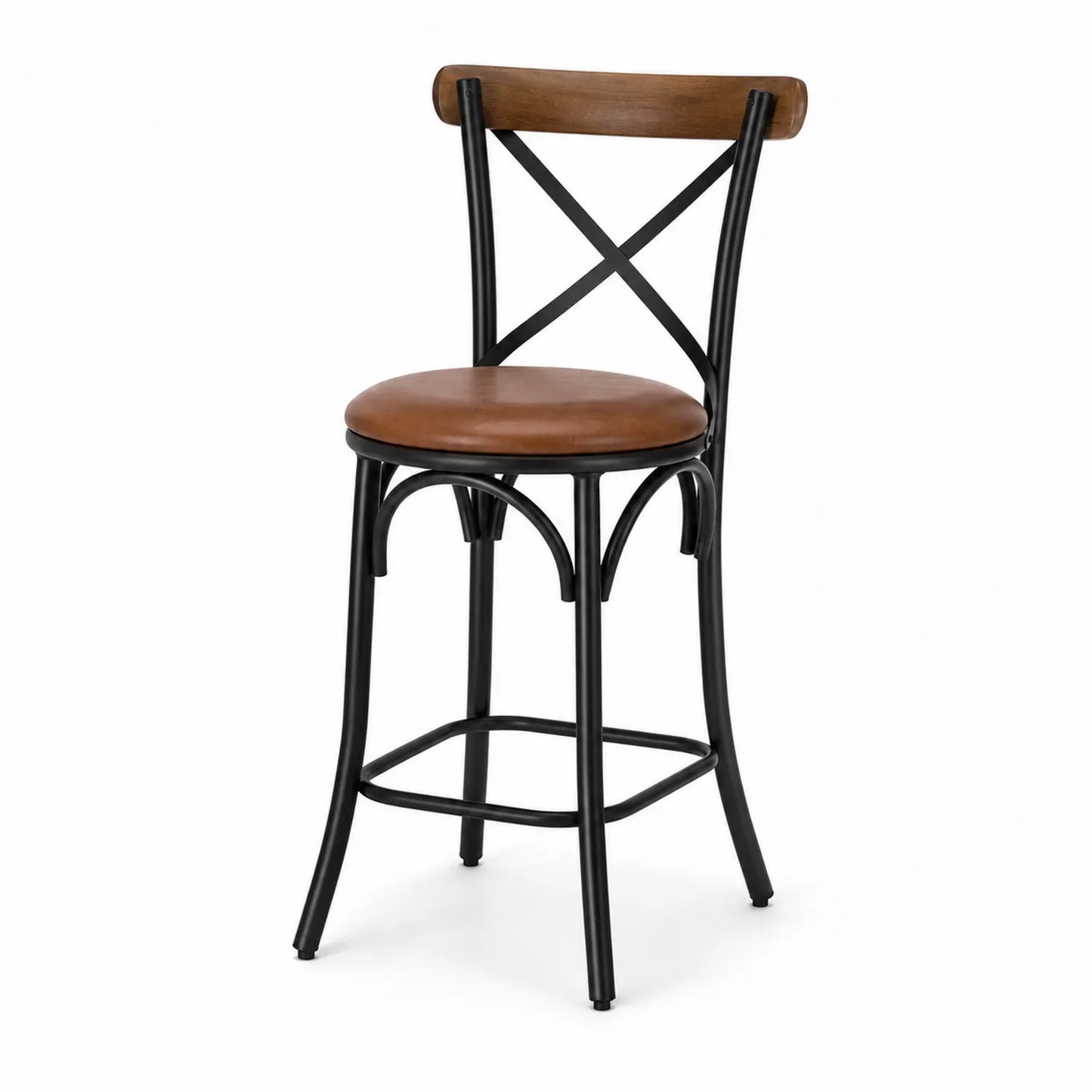 Taburete de metal y madera, asiento de cuero sintético marrón