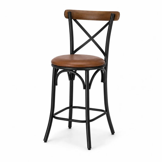 Taburete de metal y madera, asiento de cuero sintético marrón