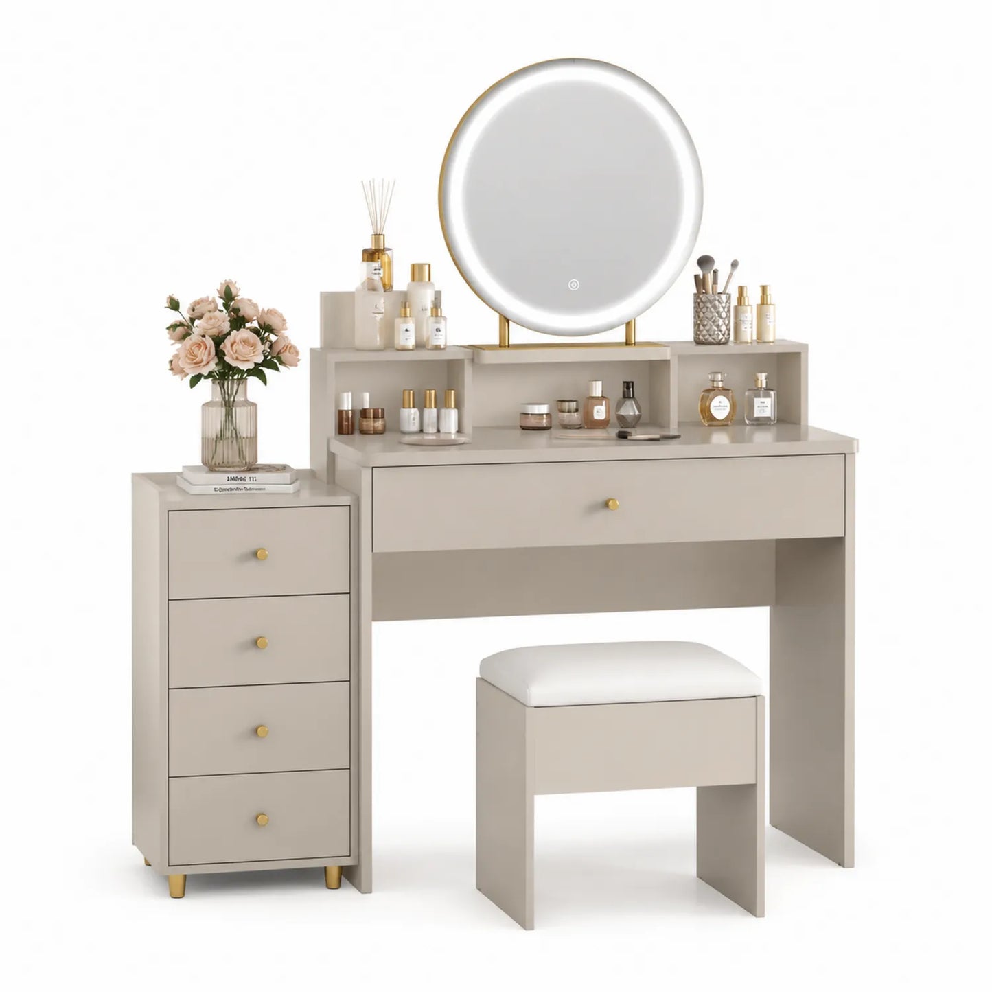 Tocador de MDF con espejo LED y cajonera Beige