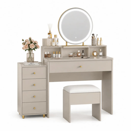 Tocador de MDF con espejo LED y cajonera Beige