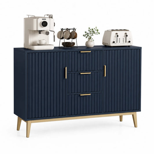 Aparador de madera MDF azul marino con metal, dos puertas y tres cajones 150x80x45 cm