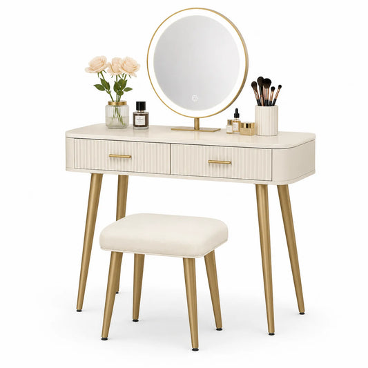 Set de Tocador de MDF Crema con Espejo LED y Taburete