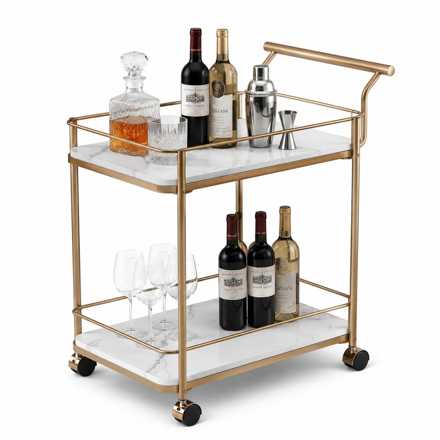 Carrito de bar de metal con estantes de mármol