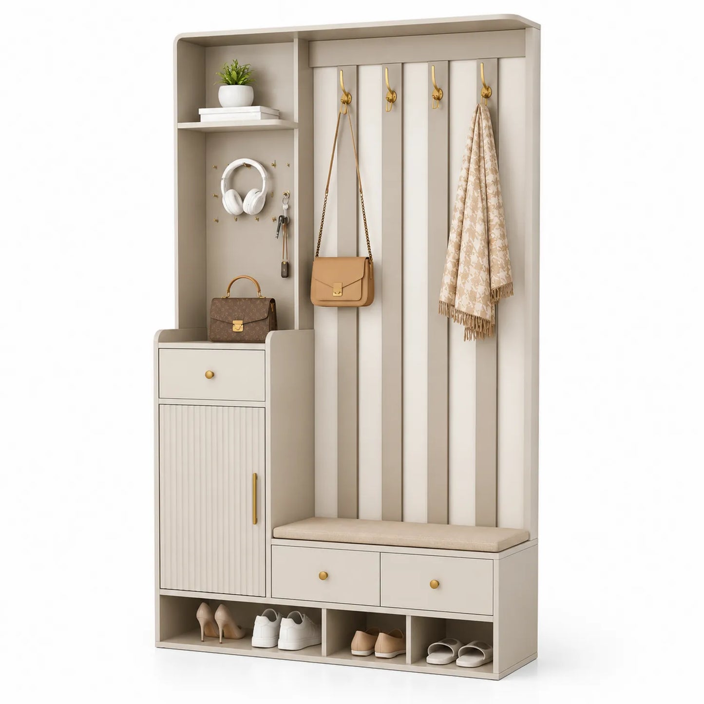 Mueble de entrada de madera con perchero y banco beige 100 x 30 x 180 cm