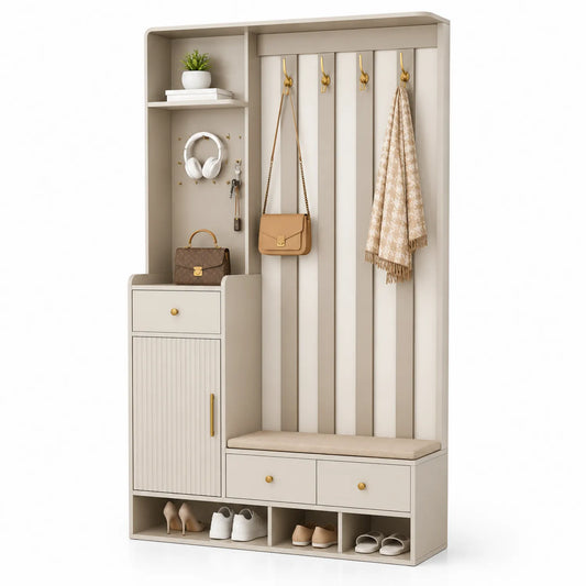 Mueble de entrada de madera con perchero y banco beige 100 x 30 x 180 cm