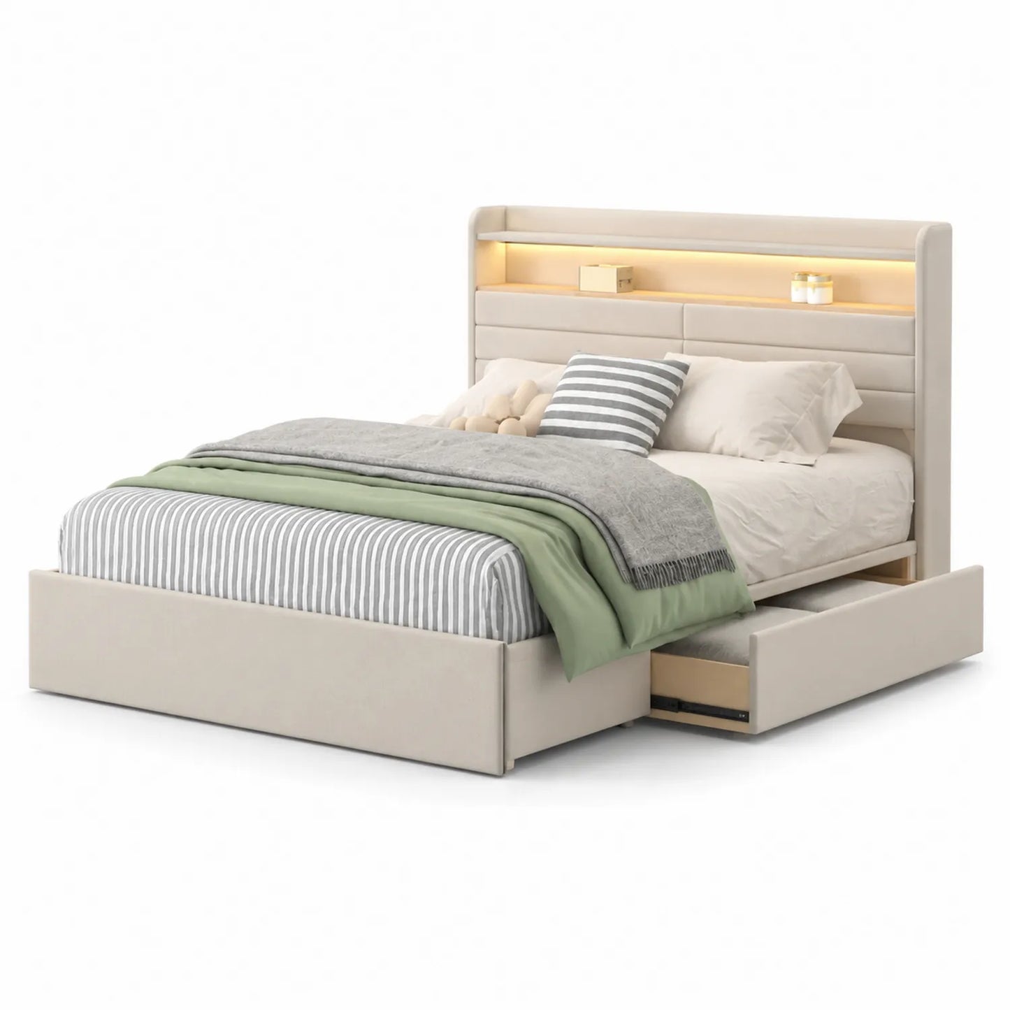 Cama doble tapizada con almacenamiento y luz LED Beige 200x160cm