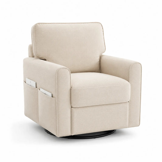 Sillón giratorio de tela de lino con bolsillos Beige 80x80x85 cm