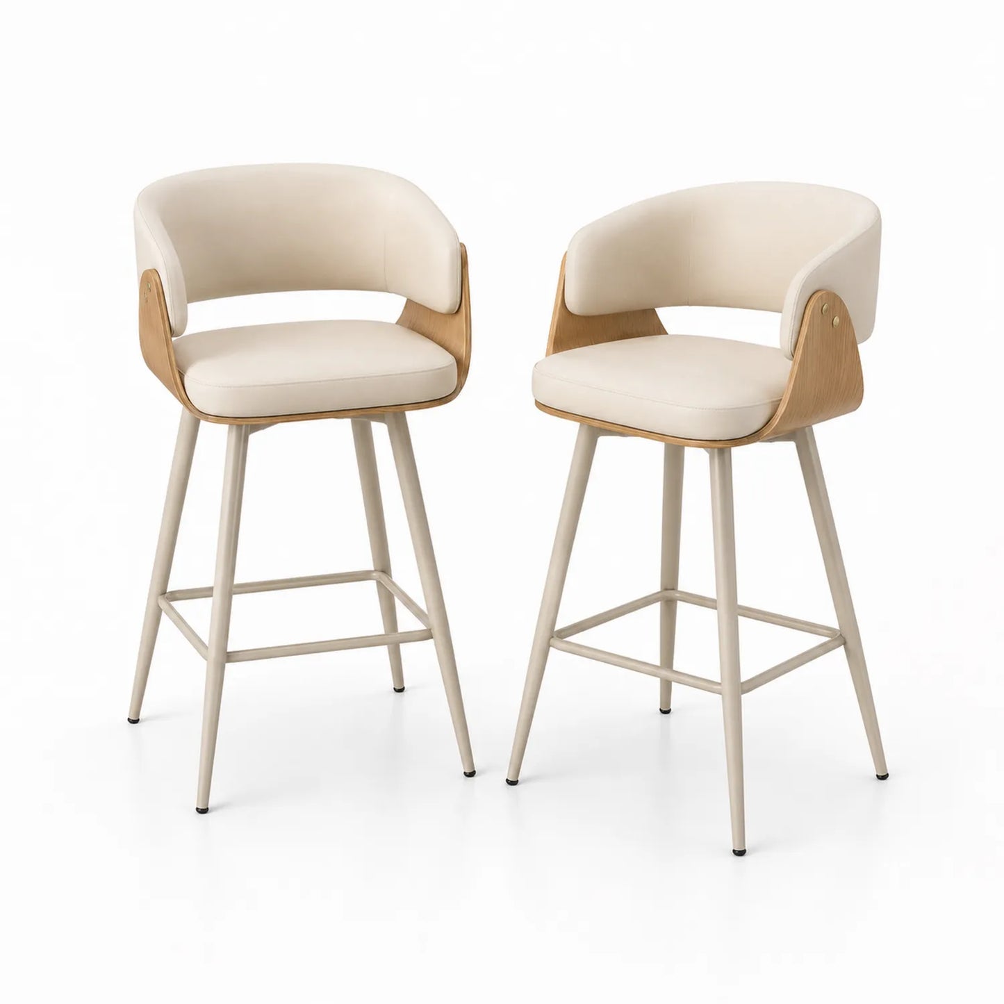 Set de 2 taburetes de bar de madera, cuero sintético beige y metal 102 cm