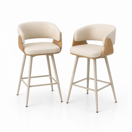 Set de 2 taburetes de bar de madera, cuero sintético beige y metal 102 cm