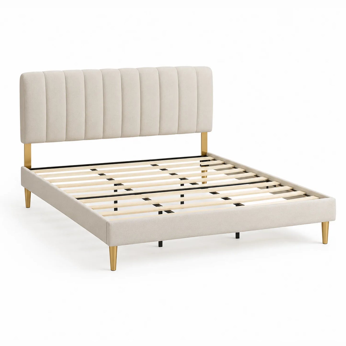 Cama tapizada de tela beige con patas de metal