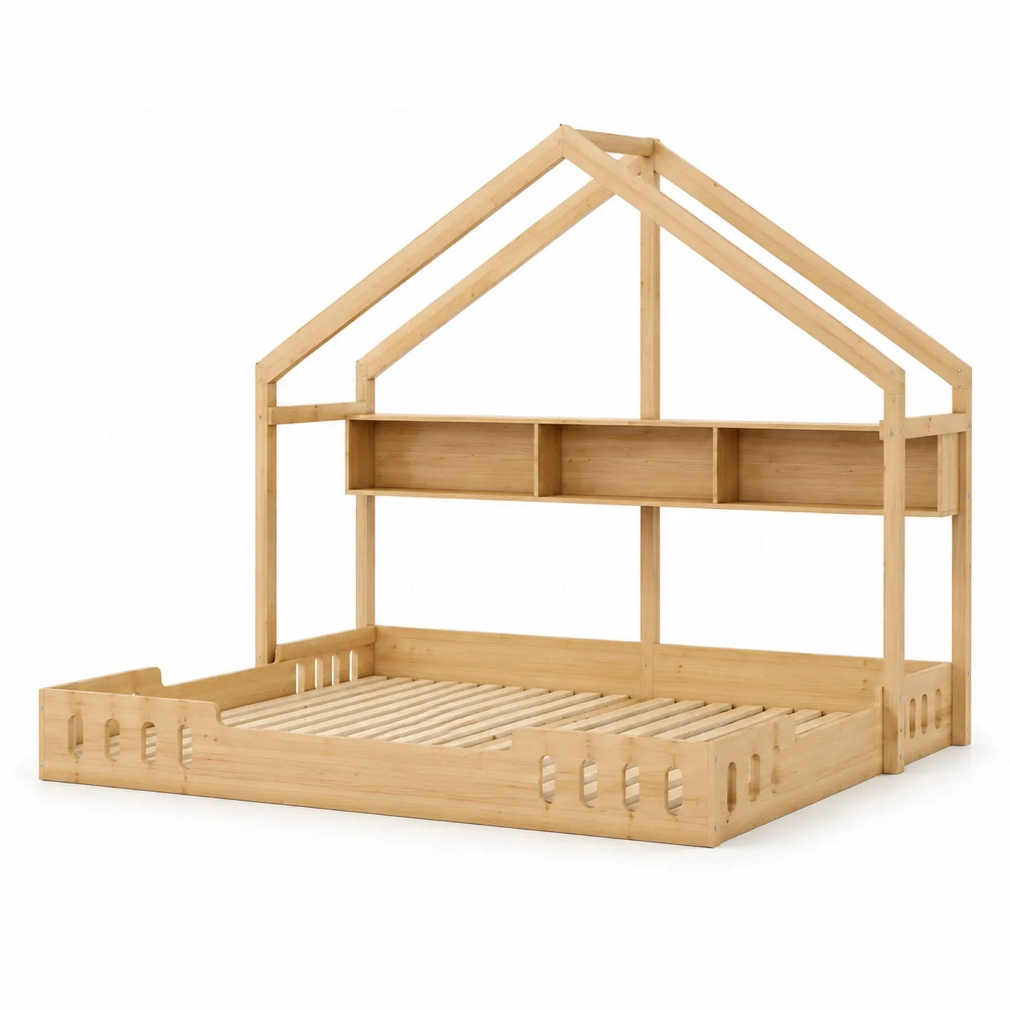 Cama infantil de madera de pino natural con estantes integrados