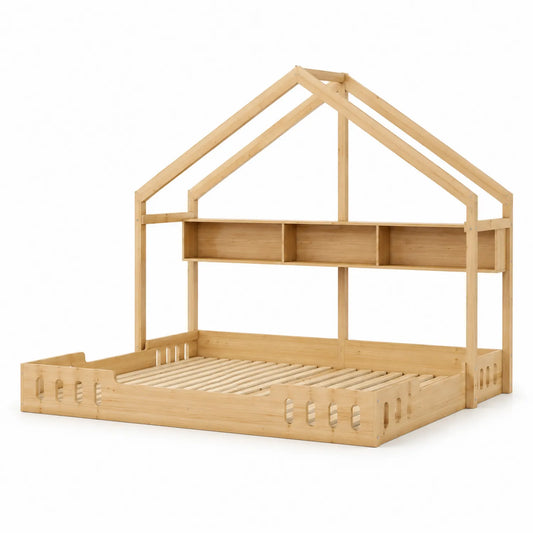 Cama infantil de madera de pino natural con estantes integrados