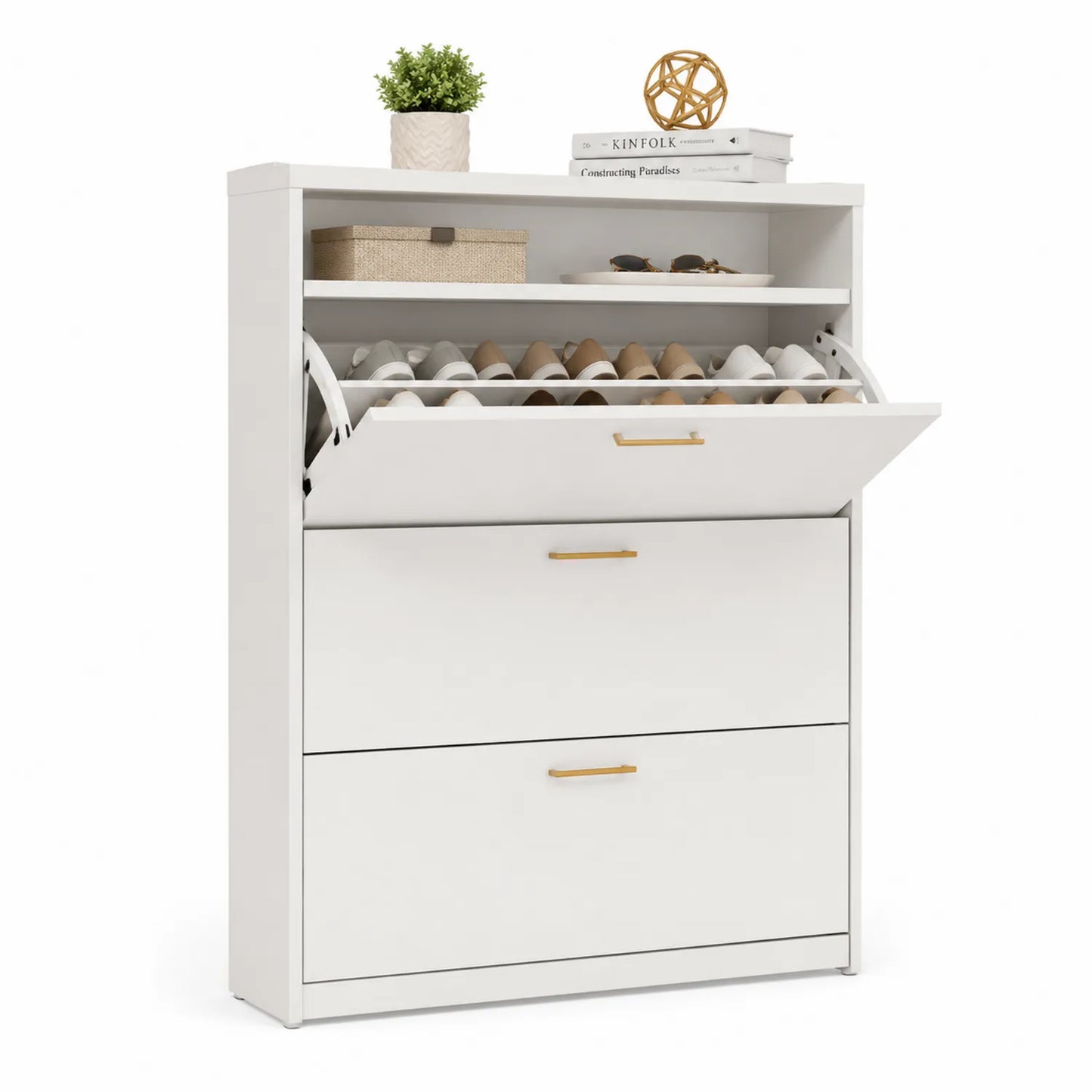 Zapatero de Madera Aglomerada Blanco con Tiradores Dorados