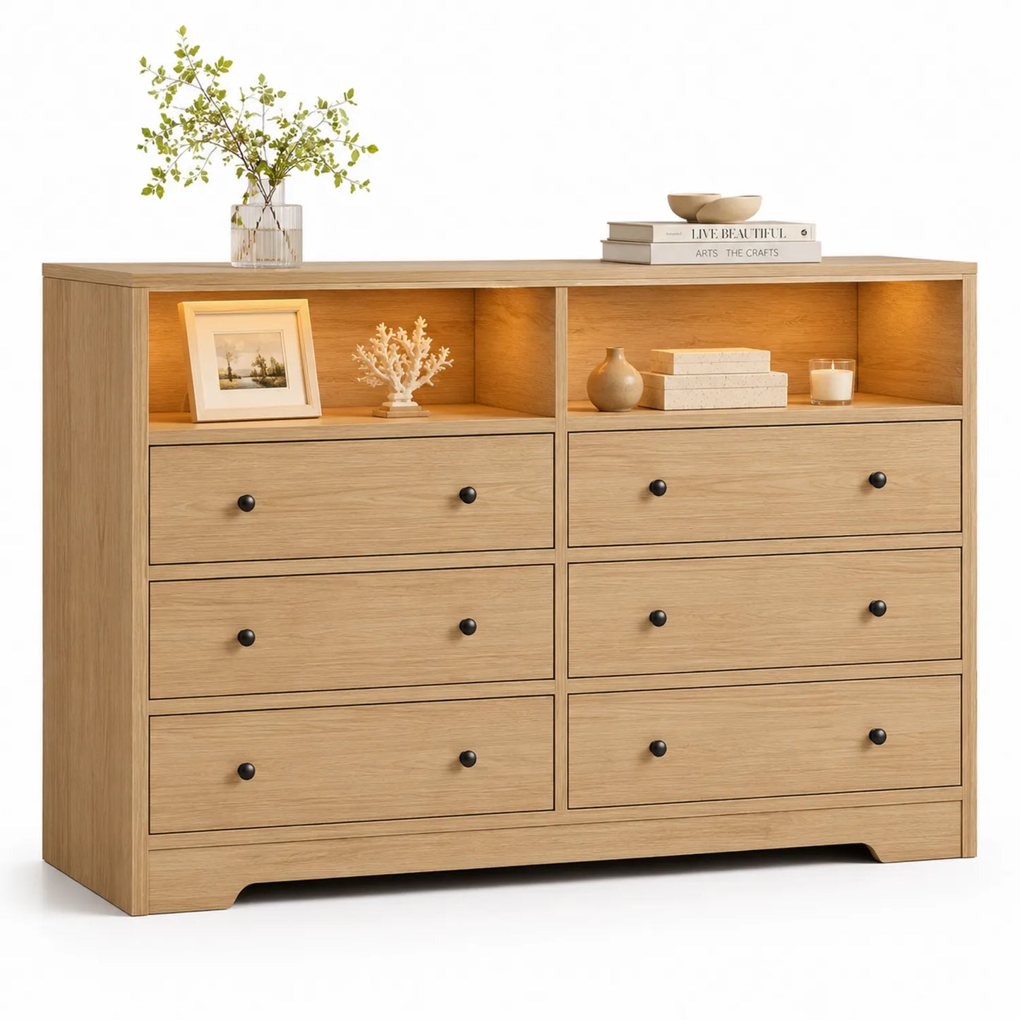 Cajonera de Madera de Roble con 8 Cajones y Estantes LED