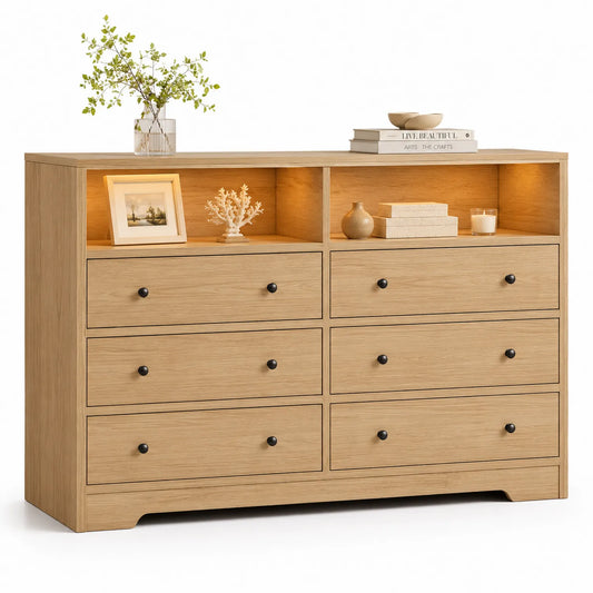 Cajonera de Madera de Roble con 8 Cajones y Estantes LED