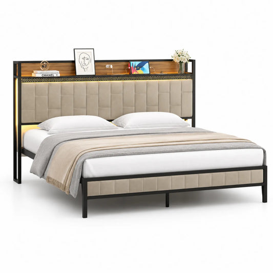 Cama de Matrimonio Tapizada de Microfibra Beige con Estructura de Metal y Estante