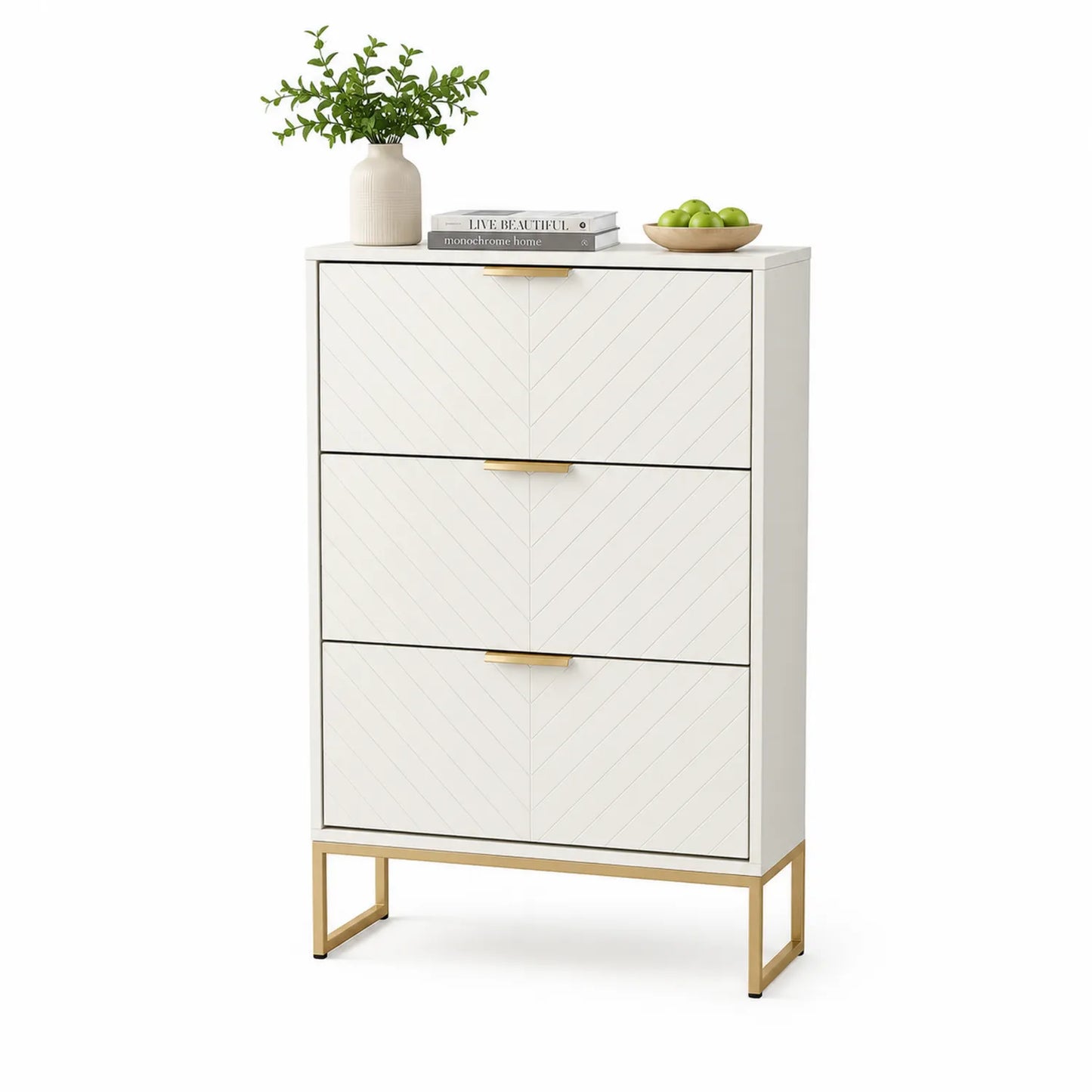 Zapatero de madera con 3 cajones blanco y dorado 110 cm