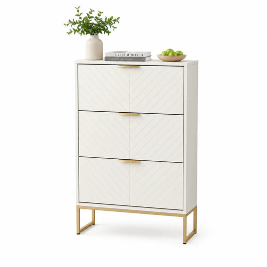 Zapatero de madera con 3 cajones blanco y dorado 110 cm