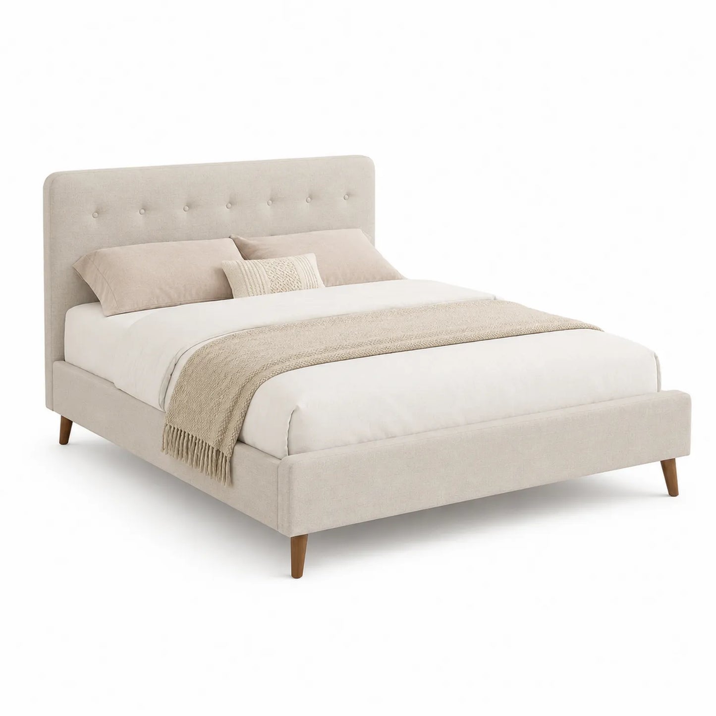 Cama tapizada de tela y madera beige 200x150 cm con cabecera capitoné