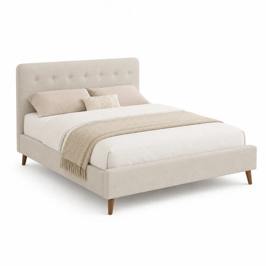Cama tapizada de tela y madera beige 200x150 cm con cabecera capitoné