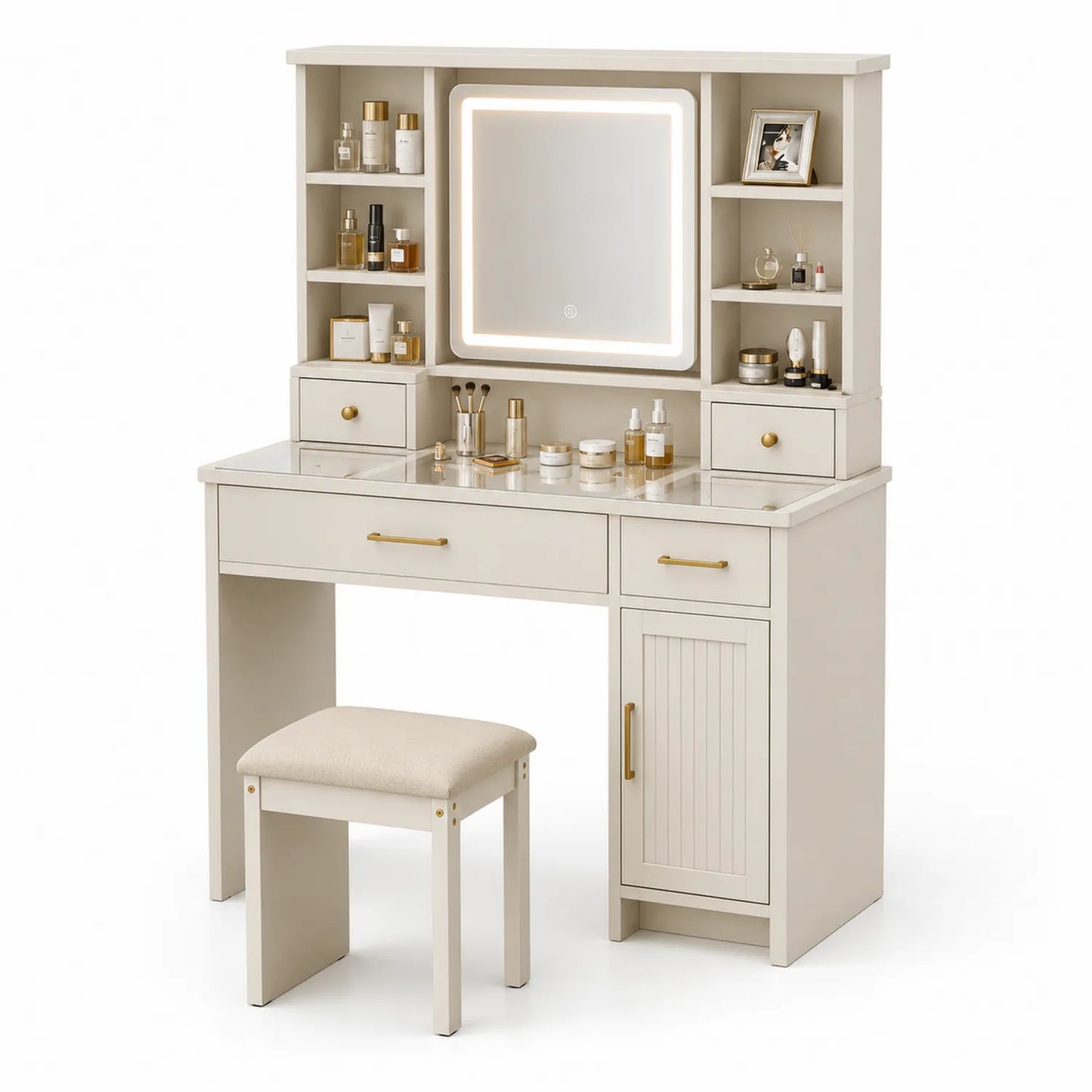 Tocador de Madera con Espejo LED y Taburete de Madera Beige