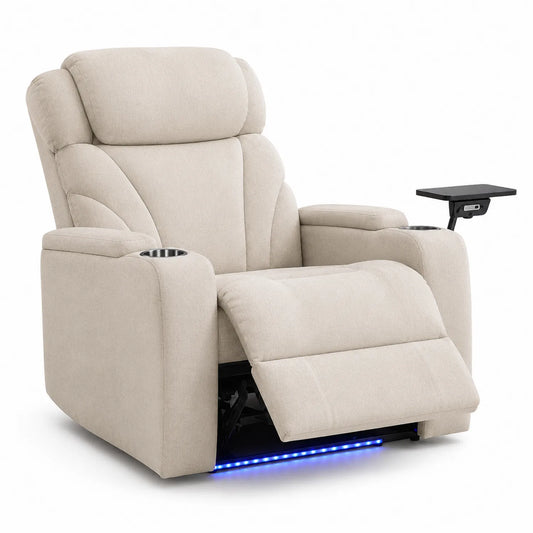 Sillón reclinable beige con luz LED y bandeja, tejido de poliéster
