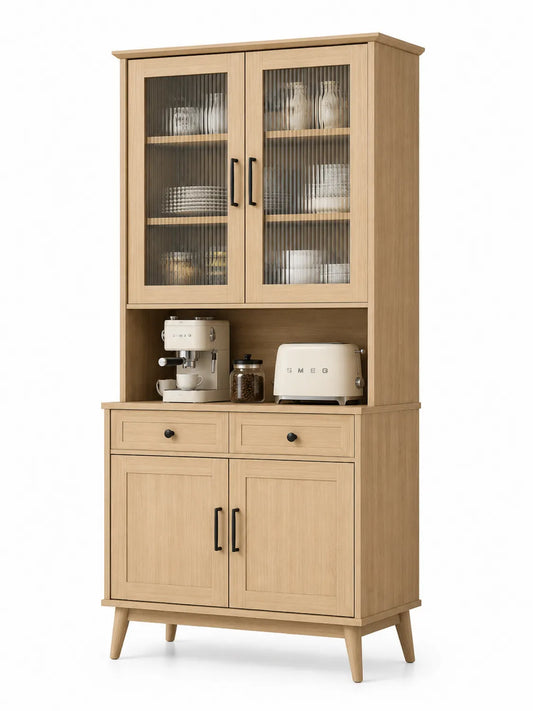 Aparador de madera con puertas de vidrio ondulado y cajones 90x45x180 cm