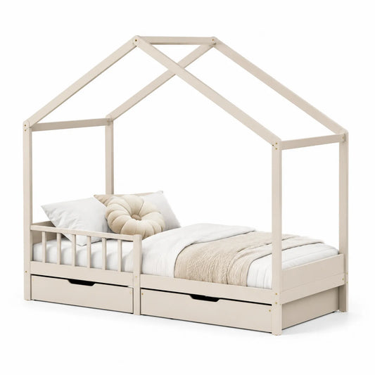 Cama infantil de madera con estructura de casa y cajones 200x90 cm